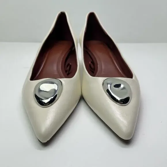 Zara Women's Metal Detail White Leather Kitten Heel Pointed Toe Shoes - Picture 3 of 11